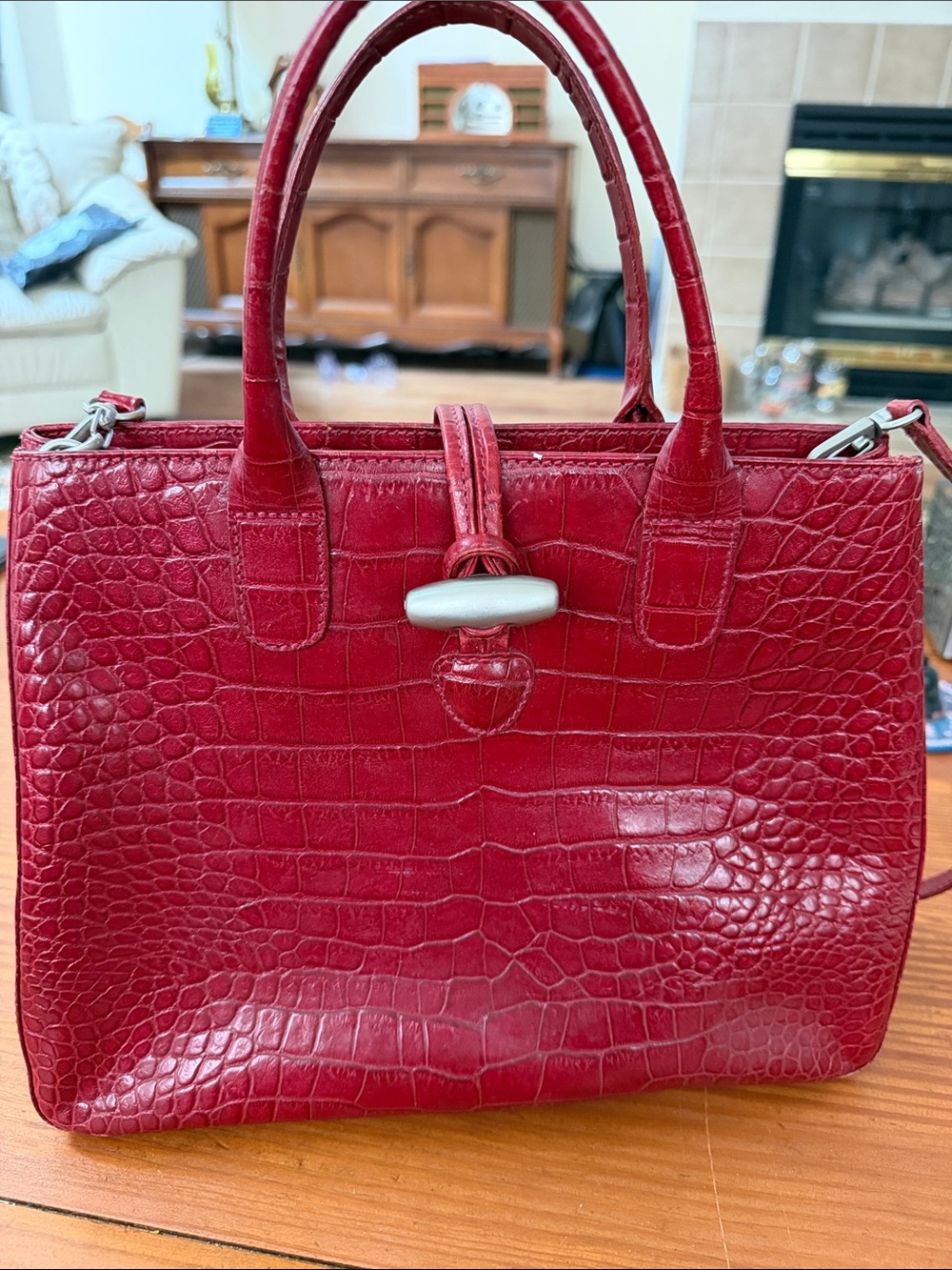 M. London Red Croc-Embossed Leather Satchel Handbag